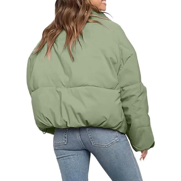 NWT Polu Cropped Puffer Jacket Oversized Full Zip Puffy Quilted Pockets Large - Picture 2 of 8